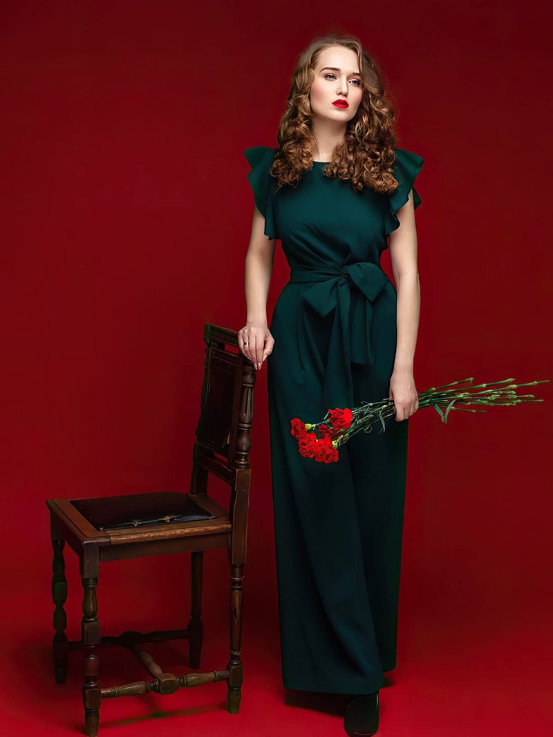 Knitee Women's Vintage Sleeveless Ruffle High Waist Wide Leg Romper Formal Long Jumpsuit with Belt (A-Dark Green, Large) - Image 3